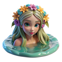 impressive rustic A beautiful, enchanting nymph with flowing hair adorned with flowers, bathing in a crystal-clear pool, lit by dappled sunlight. Impressionist style genuine png
