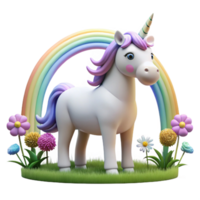 vibrant vintage A benevolent unicorn grazing in a field of wildflowers, bathed in the soft glow of a rainbow, in a whimsical, storybook style high quality png