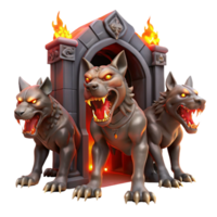 impressive abstract A cunning Cerberus with three snarling heads and fiery breath, guarding the gates of the underworld, illuminated by hellish red light in a dark fantasy style professional png