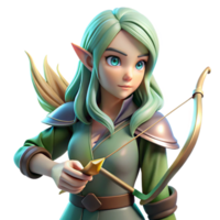 serene classic A beautiful elf with pointed ears and long flowing hair, holding a bow and arrow, illuminated by the dappled sunlight of a forest. Anime style original png