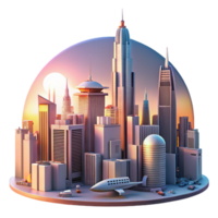 stunning artistic A futuristic city skyline composed of towering skyscrapers and flying vehicles, illuminated by a warm, sunset glow, in a matte painting style exclusive png