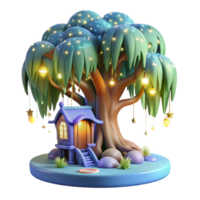 extraordinary creative A whimsical treehouse nestled within the branches of a glowing willow tree, adorned with fairy lights, under a starry night sky. Dreamlike style exclusive png