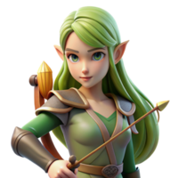 impressive traditional A beautiful elf with pointed ears and long flowing hair, holding a bow and arrow, illuminated by the dappled sunlight of a forest. Anime style high resolution png