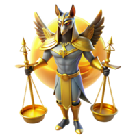 wonderful minimalist A powerful, winged Anubis with the head of a jackal and a regal staff, standing before a set of towering golden scales, lit by an ethereal golden light. Egyptian style 4K png