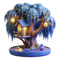 extraordinary abstract A whimsical treehouse nestled within the branches of a glowing willow tree, adorned with fairy lights, under a starry night sky. Dreamlike style 4K png