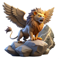 serene classic A fierce, winged griffin with the body of a lion and the head and wings of an eagle, perched atop a jagged cliff, lit by the dramatic light of a stormy sky. Romantic style genuine png