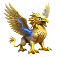 serene modern A powerful griffin with golden feathers and piercing blue eyes, soaring through a storm, illuminated by flashes of lightning. Realistic style exclusive png