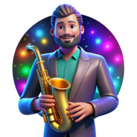 serene creative Portrait of a charismatic musician with a saxophone and a soulful expression, lit by the colorful stage lights, in a pop art style high quality png