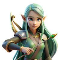 impressive minimalist A beautiful elf with pointed ears and long flowing hair, holding a bow and arrow, illuminated by the dappled sunlight of a forest. Anime style high quality png