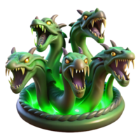 beautiful vintage A terrifying hydra with multiple snarling heads, emerging from a dark swamp, illuminated by eerie green light in a horror art style professional png