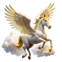 impressive creative A majestic, winged Pegasus with pure white feathers and a golden bridle, soaring through a cloudy sky, illuminated by the bright sunlight. Romantic style 4K png