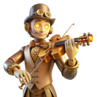 wonderful rustic A steampunk automaton musician playing a violin with intricate clockwork mechanisms, lit by a warm stage light, in a romanticism style premium png