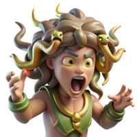 serene classic A terrifying Gorgon, with snakes for hair, turning a warrior to stone, lit by lightning strikes, in a Greek pottery style original png