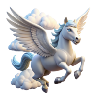 serene minimalist A majestic pegasus with snow-white wings, flying through a cloudy sky, illuminated by the sun. Fantasy art style high quality png