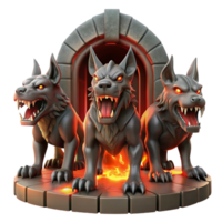 dramatic abstract A cunning Cerberus with three snarling heads and fiery breath, guarding the gates of the underworld, illuminated by hellish red light in a dark fantasy style high quality png