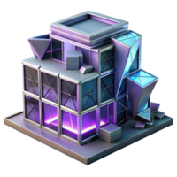 stunning minimalist Deconstructivist office building, fragmented forms, metallic surfaces, neon lighting, cyberpunk style high quality png