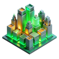 wonderful contemporary A futuristic cityscape composed entirely of interconnected circuit boards, glowing with neon green and orange light, in a isometric perspective high quality png