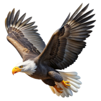 serene abstract A majestic bald eagle soaring through a clear blue sky, sunlight glinting off its white head and feathers, rendered in a photorealistic style premium png