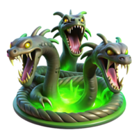stunning contemporary A terrifying hydra with multiple snarling heads, emerging from a dark swamp, illuminated by eerie green light in a horror art style authentic png