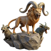 extraordinary traditional A mysterious chimera, its lion, goat, and serpent heads roaring, standing on a rocky precipice, in a surreal, symbolic style high quality png