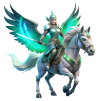 impressive traditional A fierce Valkyrie, clad in shining armor, riding a winged warhorse, illuminated by the aurora borealis, in a Norse mythology style authentic png