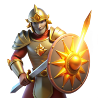 stunning modern A stoic knight in shining armor, wielding a sword and shield, illuminated by the bright sunlight of a battlefield. Medieval painting style genuine png