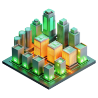 beautiful abstract A futuristic cityscape composed entirely of interconnected circuit boards, glowing with neon green and orange light, in a isometric perspective professional png