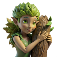 serene artistic A serene dryad with bark-like skin and leafy hair, embracing a giant tree, illuminated by the dappled sunlight of a forest. Nature photography style high resolution png