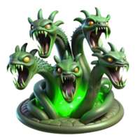 stunning modern A terrifying hydra with multiple snarling heads, emerging from a dark swamp, illuminated by eerie green light in a horror art style high resolution png