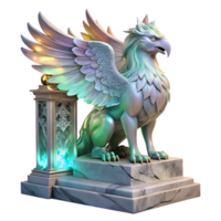 magnificent creative A majestic griffin with iridescent feathers, perched atop a crumbling marble altar, lit by ethereal moonlight, in a hyperrealistic style exclusive png