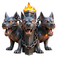 serene classic A three-headed Cerberus, each head snarling ferociously, chained to a massive iron gate, lit by flickering torches, in a gritty realism style genuine png