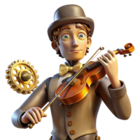 stunning artistic A steampunk automaton musician playing a violin with intricate clockwork mechanisms, lit by a warm stage light, in a romanticism style professional png