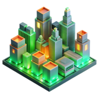 impressive classic A futuristic cityscape composed entirely of interconnected circuit boards, glowing with neon green and orange light, in a isometric perspective original png