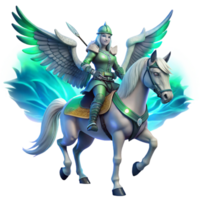 extraordinary vintage A fierce Valkyrie, clad in shining armor, riding a winged warhorse, illuminated by the aurora borealis, in a Norse mythology style premium png