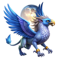 wonderful rustic A majestic griffin with sapphire feathers and golden talons, soaring through a twilight sky, illuminated by a full moon. Digital painting style exclusive png
