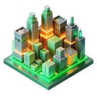 wonderful rustic A futuristic cityscape composed entirely of interconnected circuit boards, glowing with neon green and orange light, in a isometric perspective premium png
