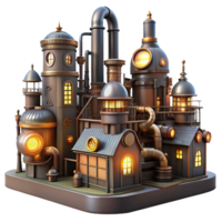 extraordinary rustic A steampunk cityscape with towering clockwork buildings and interconnected pipelines, lit by warm, flickering gaslights, in a dieselpunk style genuine png