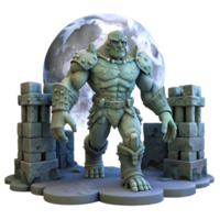 impressive classic A powerful golem made of stone, standing guard in a ruined city, under a full moon. Gothic style premium png