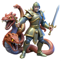 extraordinary minimalist A brave knight in shining armor, wielding a legendary sword, battles a monstrous three-headed hydra. Dramatic, contrasting light. Heroic fantasy art style premium png