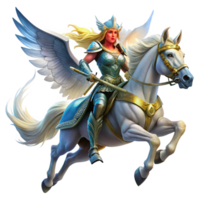 serene rustic A fierce Valkyrie riding a winged horse through a stormy sky, her armor gleaming, in a powerful, epic style high resolution png