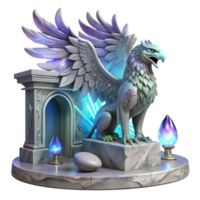 wonderful classic A majestic griffin with iridescent feathers, perched atop a crumbling marble altar, lit by ethereal moonlight, in a hyperrealistic style high quality png