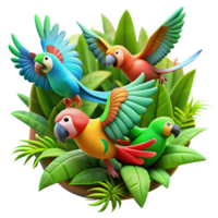 serene contemporary A vibrant flock of parrots flying through a tropical rainforest, illuminated by dappled sunlight, in a colorful, illustrative style high resolution png