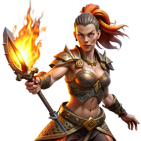 stunning rustic A fierce warrior woman with intricate tribal tattoos and leather armor, wielding a flaming sword, lit by the fiery glow of the weapon. Digital painting, dynamic pose authentic png