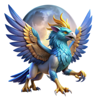 impressive abstract A majestic griffin with sapphire feathers and golden talons, soaring through a twilight sky, illuminated by a full moon. Digital painting style high resolution png