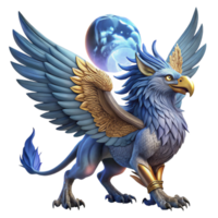 elegant contemporary A majestic griffin with sapphire feathers and golden talons, soaring through a twilight sky, illuminated by a full moon. Digital painting style genuine png