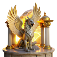impressive artistic A majestic griffin with iridescent feathers, perched atop a crumbling marble altar, bathed in the golden light of a setting sun, Art Nouveau style high resolution png
