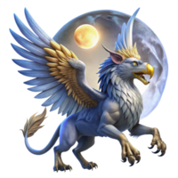 serene rustic A majestic griffin with sapphire feathers and golden talons, soaring through a twilight sky, illuminated by a full moon. Digital painting style high quality png