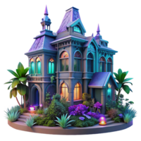 extraordinary abstract Victorian mansion overgrown with vibrant bioluminescent plants, twilight lighting, fantasy art style authentic png