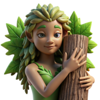 serene modern A serene dryad with bark-like skin and leafy hair, embracing a giant tree, illuminated by the dappled sunlight of a forest. Nature photography style genuine png