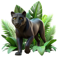 serene creative A sleek black panther stalking through dense jungle foliage, dappled sunlight filtering through the leaves, rendered in a photorealistic style with dramatic lighting detailed png